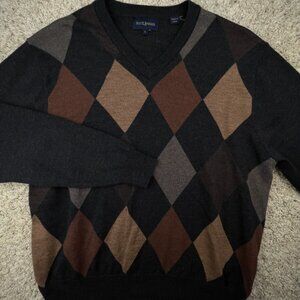 Scott Barber Mens Large Pullover Sweater Soft Merino Wool Diamond Print Gray